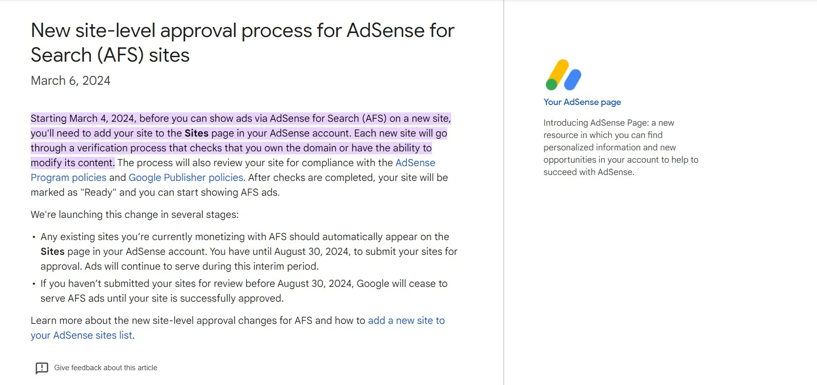 New site-level approval process for AdSense for Search (AFS) sites - official statments